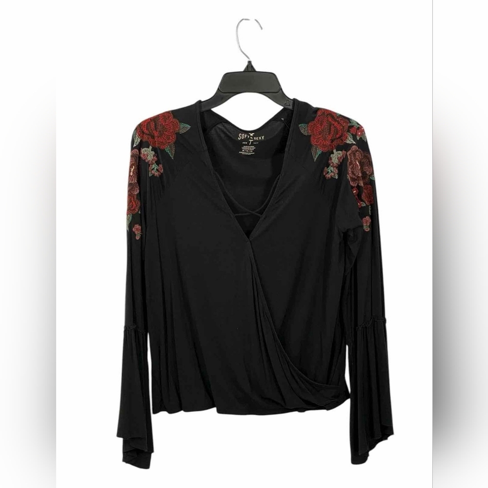 American eagle Black Top with Red Floral Embroidery
